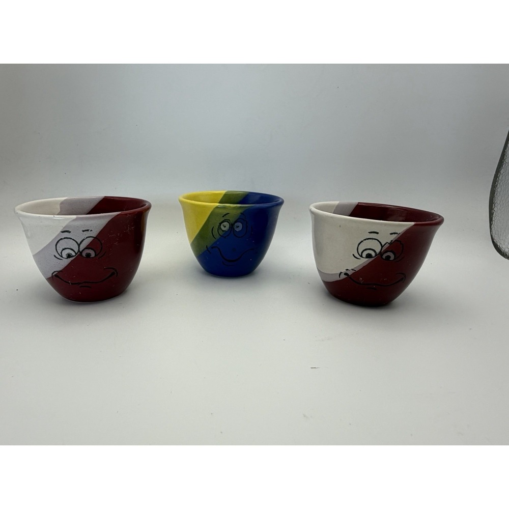 3-PC Handcrafted Hand Painted Ceramic Small‎ Bowls Whimsical Cartoon Faces